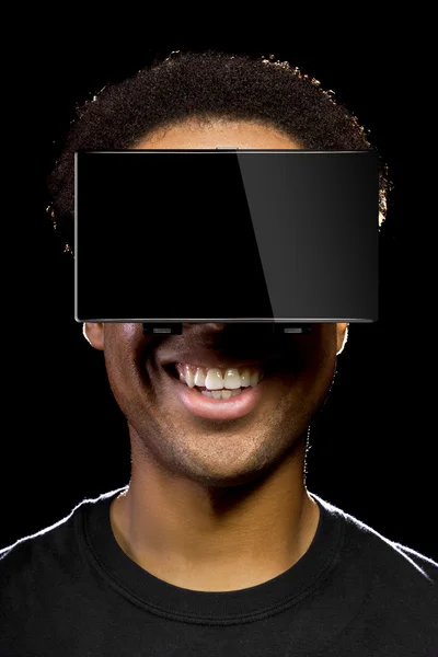 Virtual Reality headset on black male — Stock Photo, Image