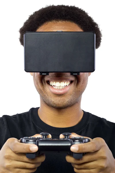 Mâle portant un casque de réalité virtuelle — Photo