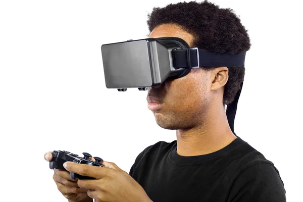 Masculino vestindo um fone de ouvido realidade virtual — Fotografia de Stock