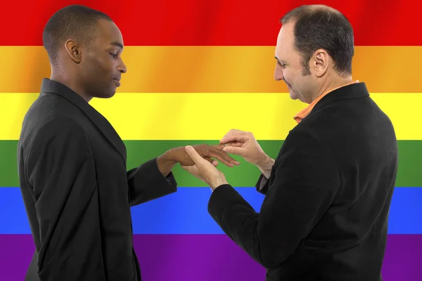 Homosexual pareja con un arco iris gay orgullo bandera — Foto de Stock