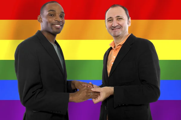 Homosexual couple with a rainbow gay pride flag — Stock Fotó
