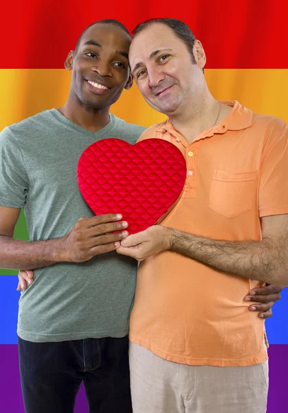 Homosexual couple with a rainbow gay pride flag — Stockfoto