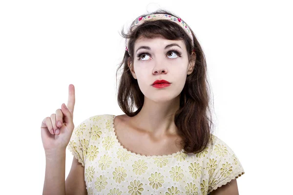 Woman pointing up by hand — Stock Photo, Image