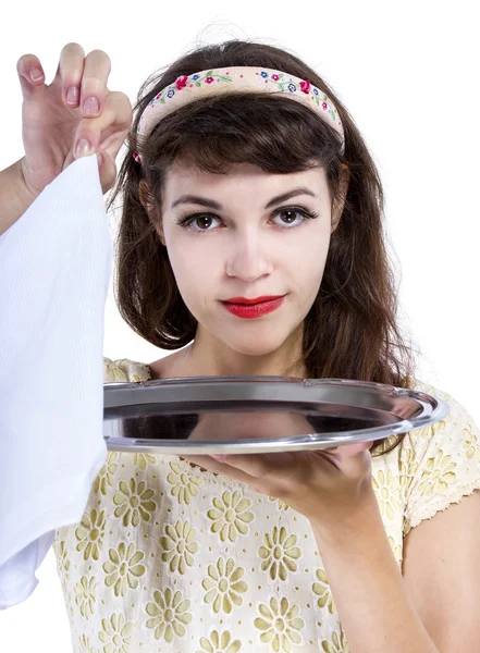 Waitress unveiling surprise hidden in tray — Stock Photo, Image