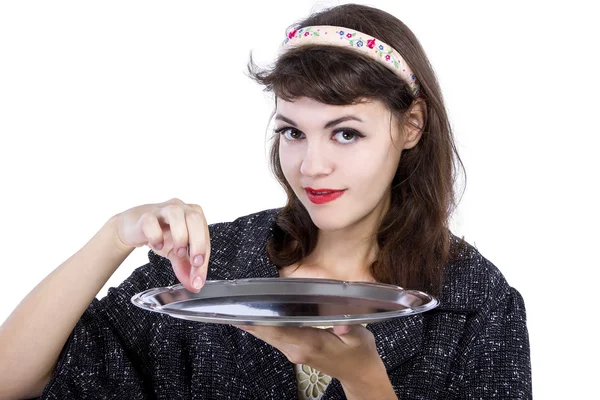 Woman pickup something from tray — Stock Photo, Image