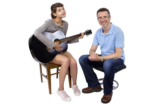 Teacher tutoring female play guitar — Stock Photo, Image