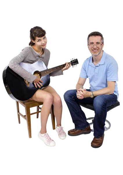 Teacher tutoring female play guitar — Stock Photo, Image