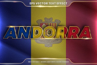 Ulusal ülke bayrağıyla Andorra, gradyan altın rengi konseptiyle düzenlenebilir metin efekti tarzı