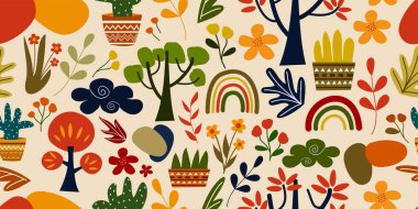 Renkli modern el çizimi soyut yatay çiçek ve bitkiler pürüzsüz desen üzerine