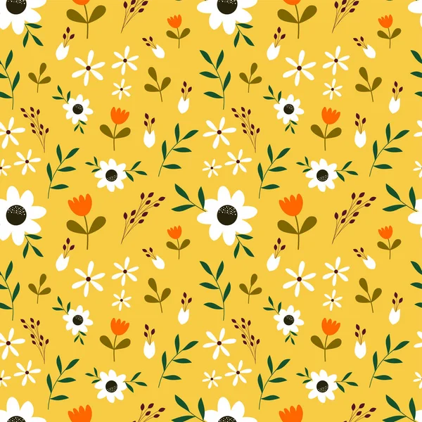 Cute White Hand Drawn Flower Yellow Background Seamless Pattern — Stock Vector