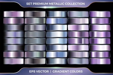 Renkli mor ve gök mavisi gradyan koleksiyonu. Büyük bir metalik palet vektör şablonu kümesi.