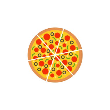 Biberli pizza dilimlere bölünmüş. Pizza yassı vektör renk ikonu. Yemek uygulamaları ve web siteleri için.