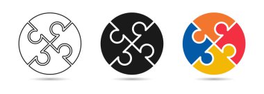 farklı tarz simge setiyle yuvarlak yapboz, yapboz simgesi. Satır, katı ve doldurulmuş renkli sürüm