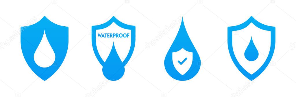 Waterproof icon set, Collection of water resistant signs. Water protection, liquid proof protection,Water Proof icons