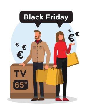 Kara Cuma 'da alışveriş yaptıktan sonra bir sürü çantası olan bir çift.