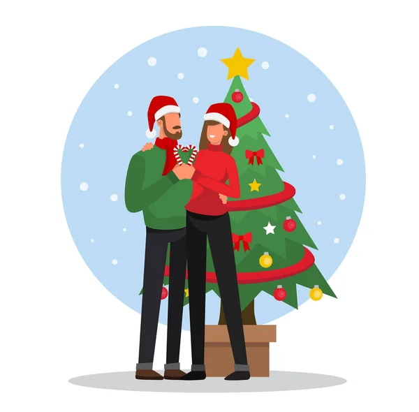 Vector Happy Young Couple Celebrating Christmas Love Doing Hearth Candies — Stock Vector