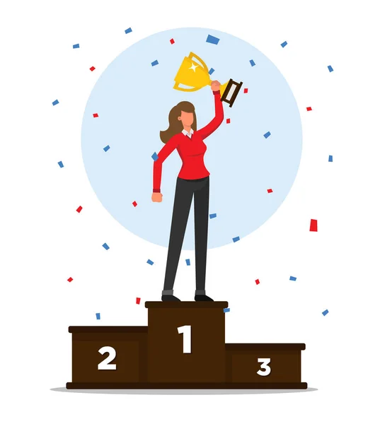 Жінка Подіумі Святкує Перемогу Тримає Свій Трофей Конфетті Ліцензійні Стокові Ілюстрації