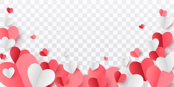 Postal de corazones de San Valentín. Elementos voladores de papel sobre fondo transparente. Símbolos vectoriales de amor en forma de corazón para Happy Womens, Madres, San Valentín, diseño de tarjetas de felicitación de cumpleaños. PNG — Archivo Imágenes Vectoriales