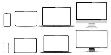 Aygıt ekran modeli. Akıllı telefon, tablet, dizüstü bilgisayar ve monoblock monitörü, sizin için boş ekran. PNG