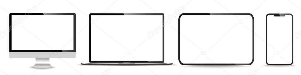 Device screen mockup. Smartphone, tablet, laptop and monoblock monitor, with blank screen for you design. PNG