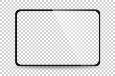 Beyaz zemin üzerinde boş yatay ekran izole edilmiş modern siyah tablet bilgisayar. PNG
