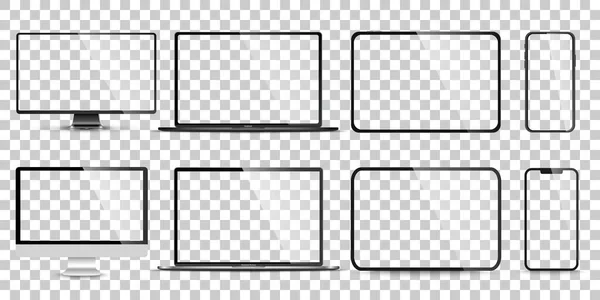 Mockup de tela de dispositivo. Smartphone, tablet, laptop e monitor monobloco, com tela em branco para você projetar. PNG — Vetor de Stock