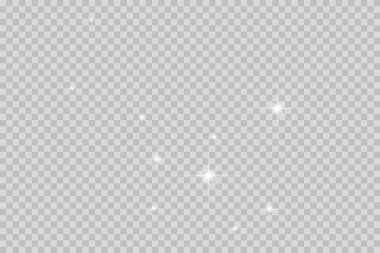 Toz kıvılcımları ve altın yıldızlar özel ışıkla parlıyor. Şeffaf bir arkaplanda vektör parıldıyor. Noel ışığı etkisi. Parlak sihirli toz parçacıkları.