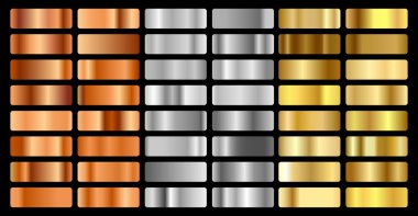 Altın, gümüş, bronz ve altın folyo desenli arka plan seti. Sınır, çerçeve, kurdele, etiket tasarımı için vektör parlayan hologram ve metalik gradyan koleksiyonu