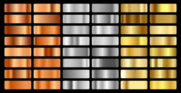 Ouro, prata, bronze e folha dourada conjunto de fundo de gradação de textura. Coleta brilhante do holograma e do gradiente metálico do vetor para a borda, quadro, fita, projeto da etiqueta — Vetor de Stock