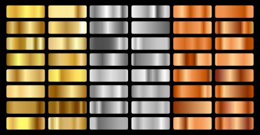 Altın, gümüş, bronz ve altın folyo desenli arka plan seti. Sınır, çerçeve, kurdele, etiket tasarımı için vektör parlayan hologram ve metalik gradyan koleksiyonu