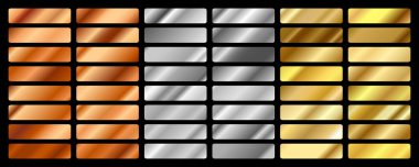 Altın, gümüş, bronz ve altın folyo desenli arka plan seti. Sınır, çerçeve, kurdele, etiket tasarımı için vektör parlayan hologram ve metalik gradyan koleksiyonu