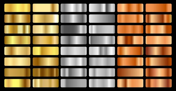 Ouro, prata, bronze e folha dourada conjunto de fundo de gradação de textura. Coleta brilhante do holograma e do gradiente metálico do vetor para a borda, quadro, fita, projeto da etiqueta — Vetor de Stock