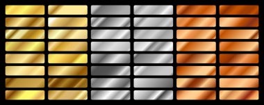 Altın, gümüş, bronz ve altın folyo desenli arka plan seti. Sınır, çerçeve, kurdele, etiket tasarımı için vektör parlayan hologram ve metalik gradyan koleksiyonu