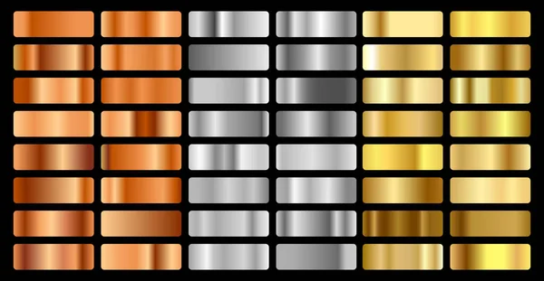 Ouro, prata, bronze e folha dourada conjunto de fundo de gradação de textura. Coleta brilhante do holograma e do gradiente metálico do vetor para a borda, quadro, fita, projeto da etiqueta — Vetor de Stock