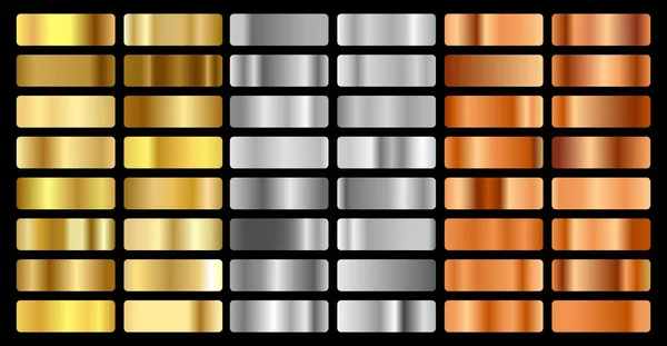 Ouro, prata, bronze e folha dourada conjunto de fundo de gradação de textura. Coleta brilhante do holograma e do gradiente metálico do vetor para a borda, quadro, fita, projeto da etiqueta — Vetor de Stock