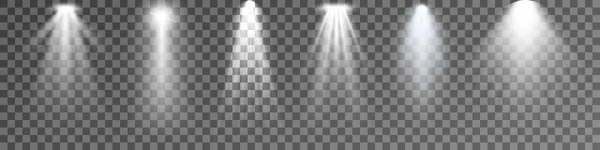 Set di Riflettori isolati su sfondo trasparente. Effetto luce incandescente vettoriale con raggi e fasci bianchi. PNG — Vettoriale Stock