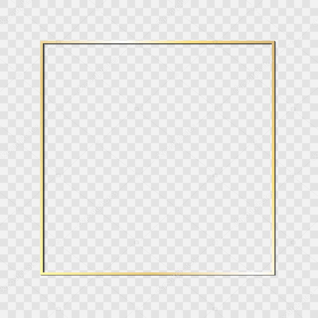 Gold shiny glowing vintage frame with shadows isolated on transparent background. Golden luxury realistic rectangle border. PNG.