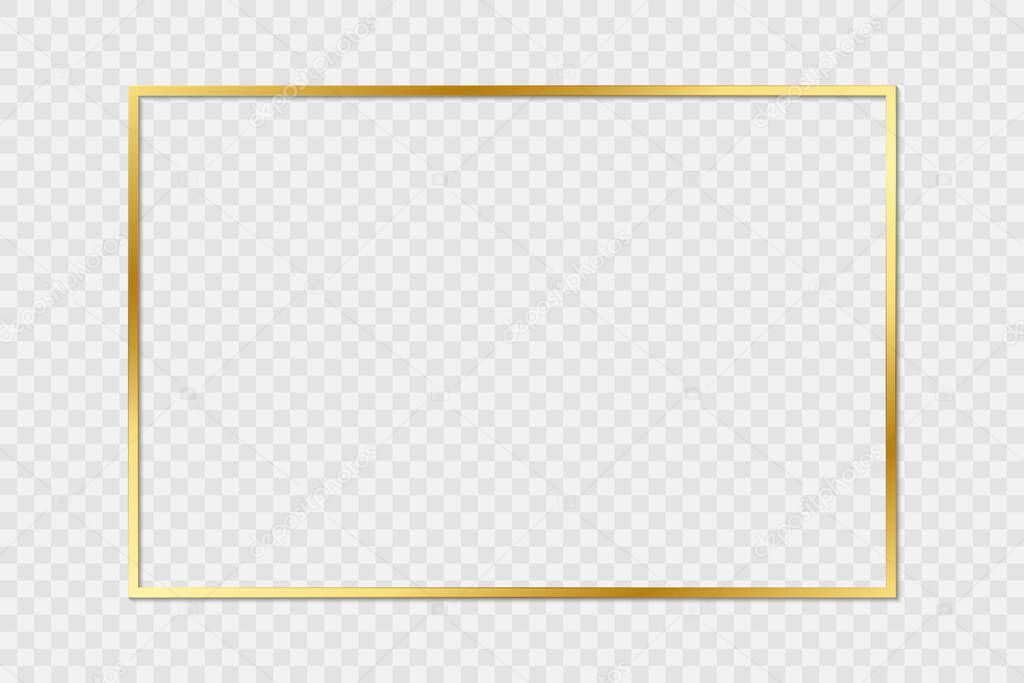 Gold shiny glowing vintage frame with shadows isolated on transparent background. Golden luxury realistic rectangle border. PNG.