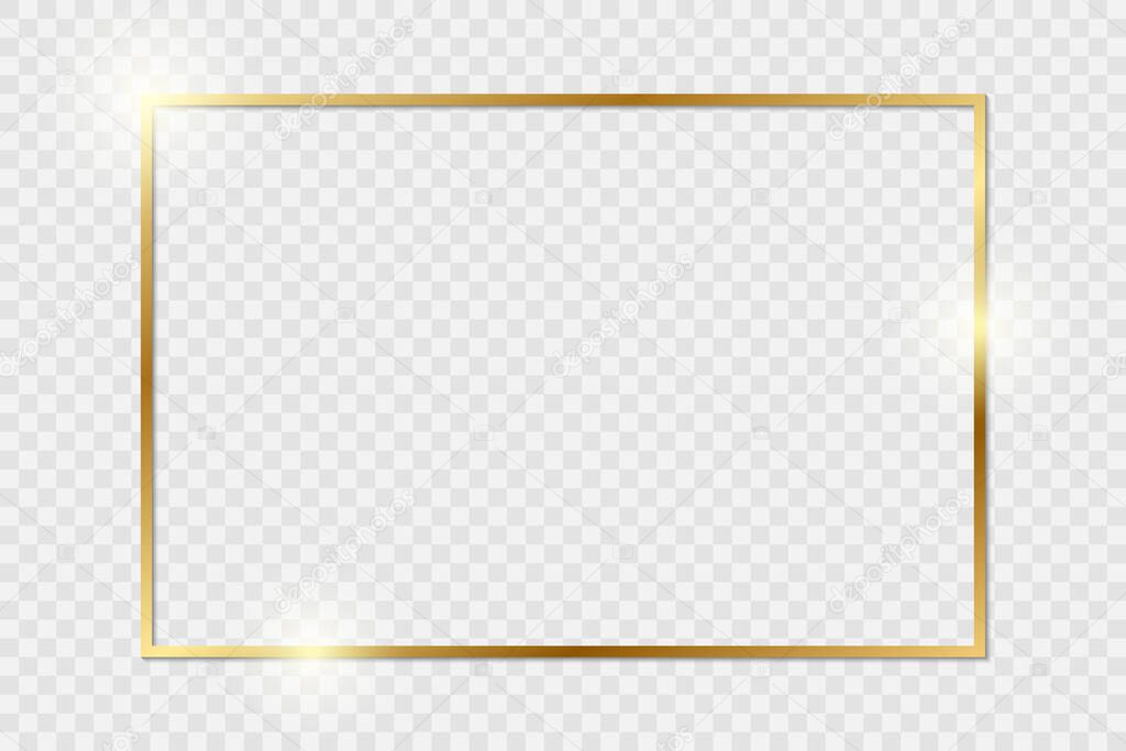 Gold shiny glowing vintage frame with shadows isolated on transparent background. Golden luxury realistic rectangle border. PNG.