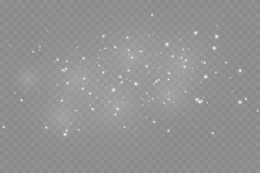 Toz kıvılcımları ve altın yıldızlar özel ışıkla parlıyor. Şeffaf arkaplanda vektör parıldıyor. 