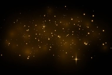 Toz kıvılcımları ve altın yıldızlar özel ışıkla parlıyor. Şeffaf arkaplanda vektör parıldıyor. 