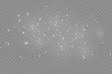 Toz kıvılcımları ve altın yıldızlar özel ışıkla parlıyor. Şeffaf arkaplanda vektör parıldıyor. 