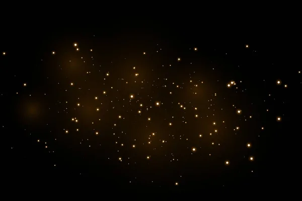 Dammet gnistor och gyllene stjärnor lysa med särskilt ljus. Vektor gnistrar på en transparent bakgrund. — Stock vektor