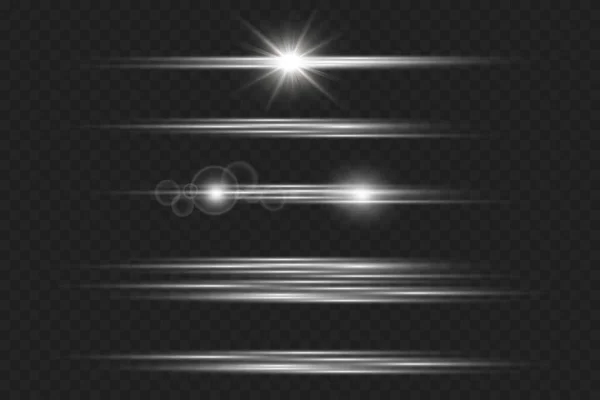 Set horizontale lens flares pack. Laserstralen, horizontale lichtstralen. Prachtige lichtfakkels. PNG — Stockvector