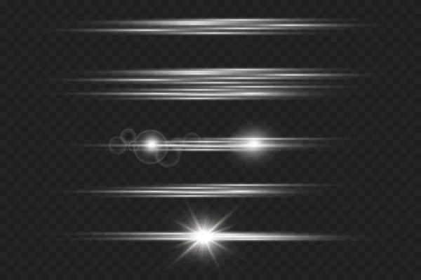 Set de faros horizontales para lentes. Rayos láser, rayos de luz horizontales.Hermosas bengalas de luz. PNG — Vector de stock