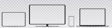 Aygıt ekran modeli. Akıllı telefon, tablet, dizüstü bilgisayar ve monoblock monitörü, sizin için boş ekran. PNG. Vektör i