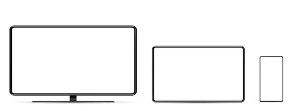 Mockup de tela de dispositivo. Smartphone, tablet, laptop e monitor monobloco, com tela em branco para você projetar. PNG. Vetor i —  Vetores de Stock