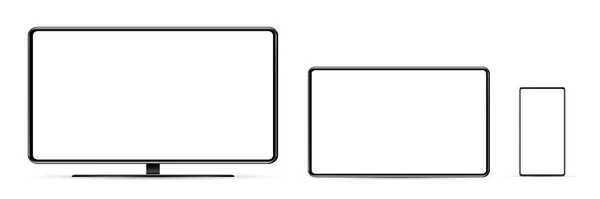 Mockup de tela de dispositivo. Smartphone, tablet e monitor monobloco, com tela em branco para você projetar. PNG. Vetor — Vetor de Stock
