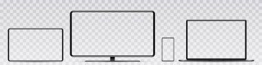 Aygıt ekran modeli. Akıllı telefon, tablet, dizüstü bilgisayar ve monoblock monitörü, sizin için boş ekran. PNG. Vektör i