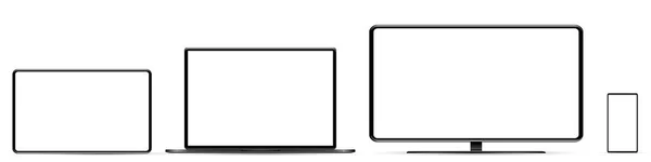 Készülék képernyő mockup. Okostelefon, tabletta, laptop és monoblokk monitor, üres képernyővel az Ön számára. PNG-t. i vektor — Stock Vector